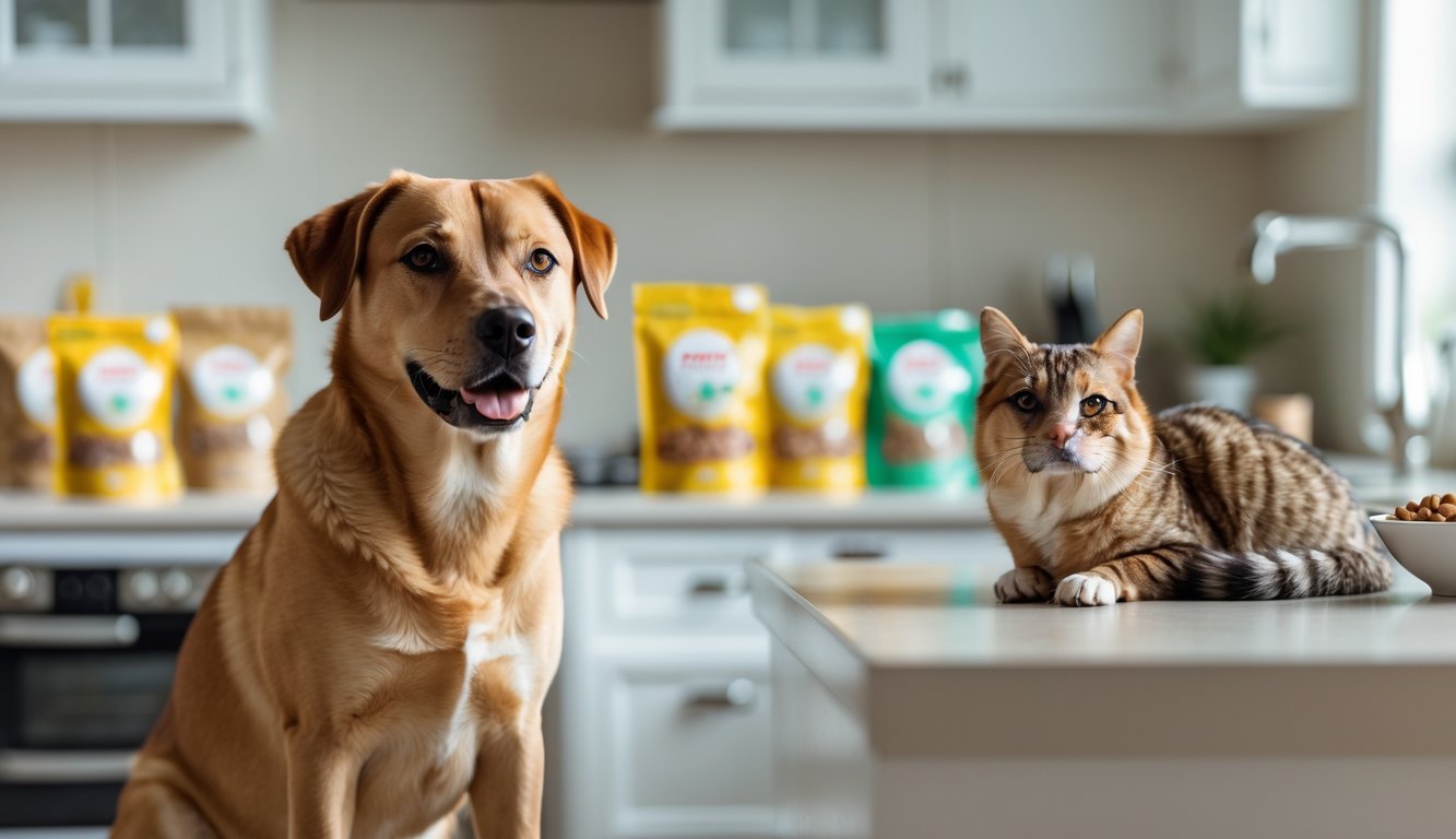 A healthy dog and cat sitting together in a bright kitchen with bowls and bags of pet food on the counter behind them.