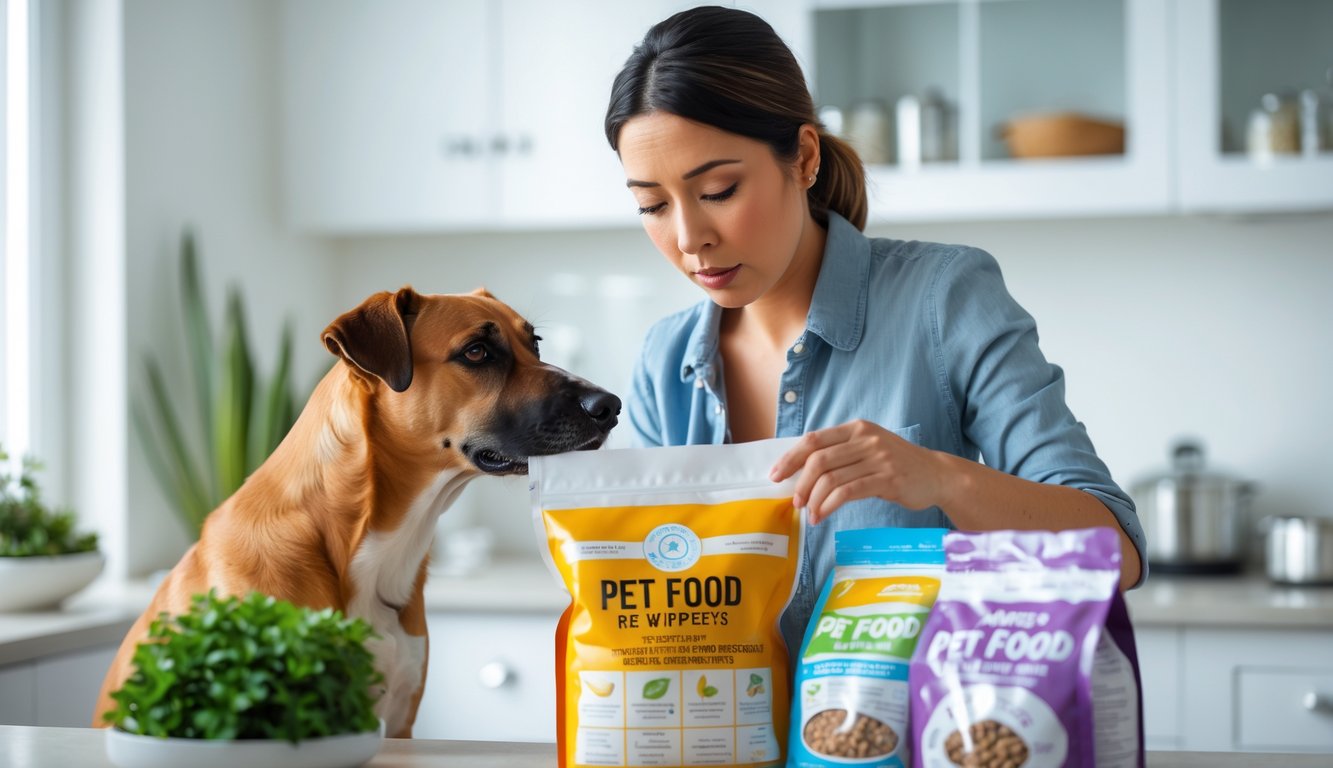 A pet owner looking thoughtfully at a bag of pet food in a kitchen while a dog sits nearby.