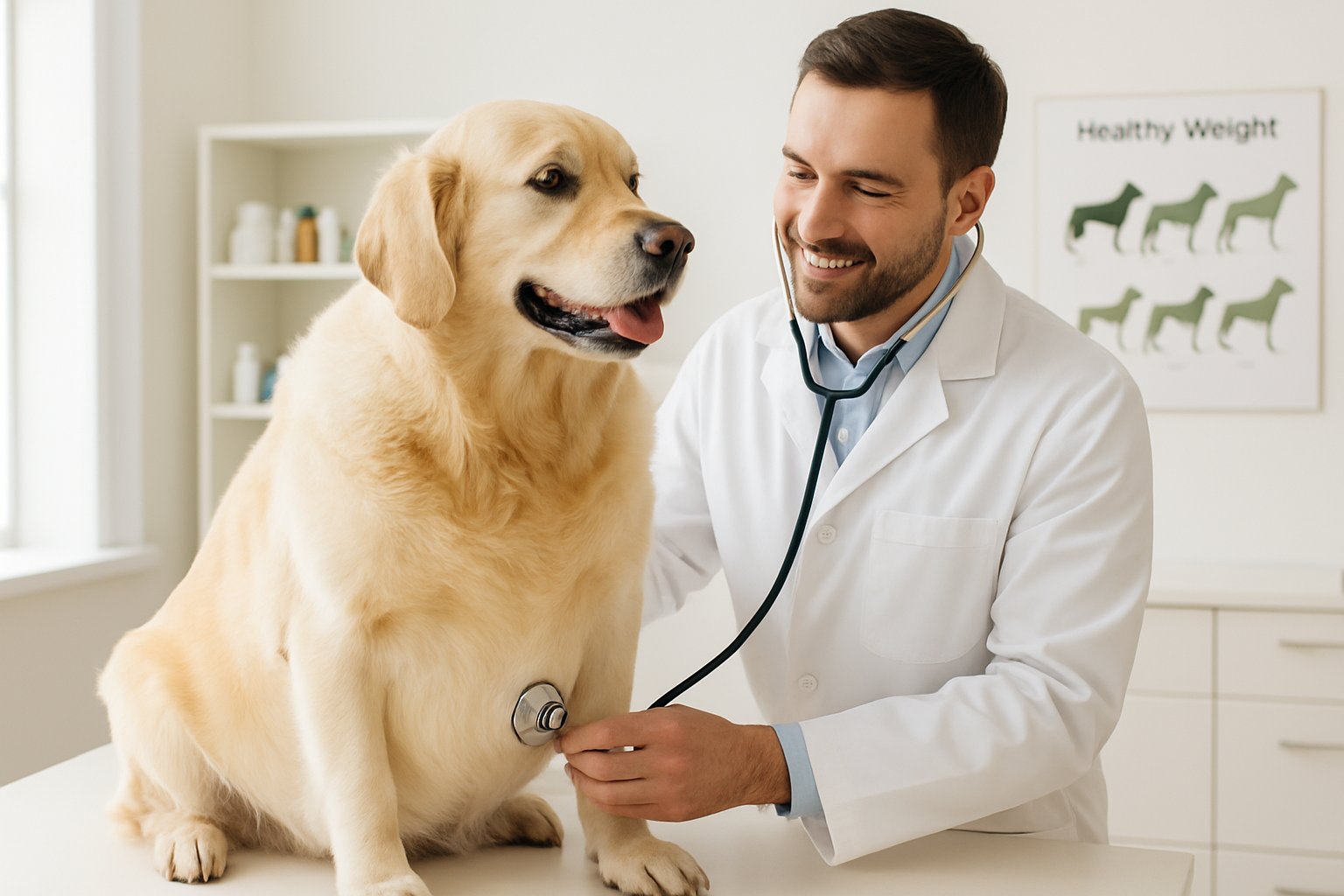 A veterinarian examining an overweight golden retriever dog on an examination table in a veterinary clinic.