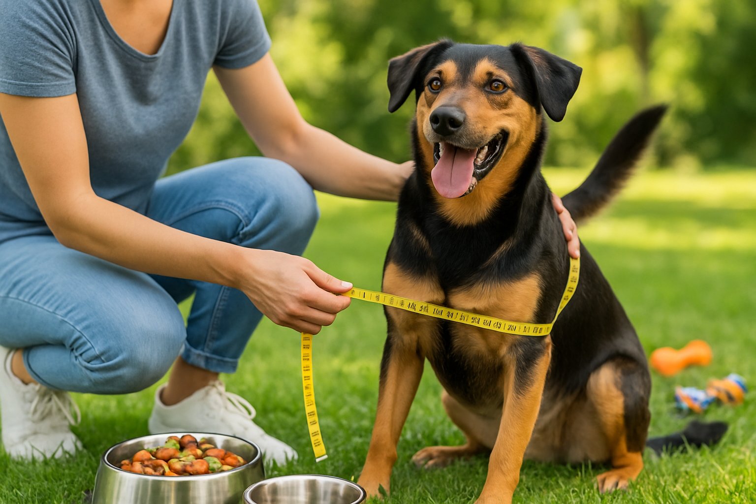 A healthy adult dog sitting outdoors with a person gently petting it, surrounded by dog food bowls and toys on grass.