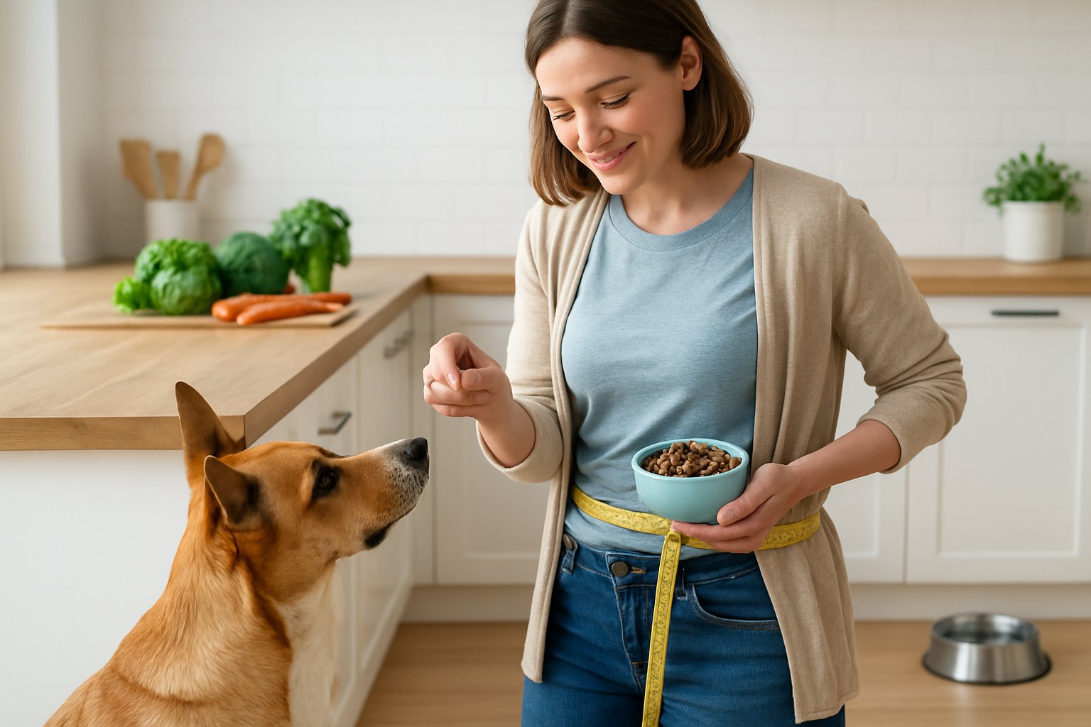 A person feeding a healthy dog a small treat in a bright kitchen with fresh vegetables and measuring tools nearby.