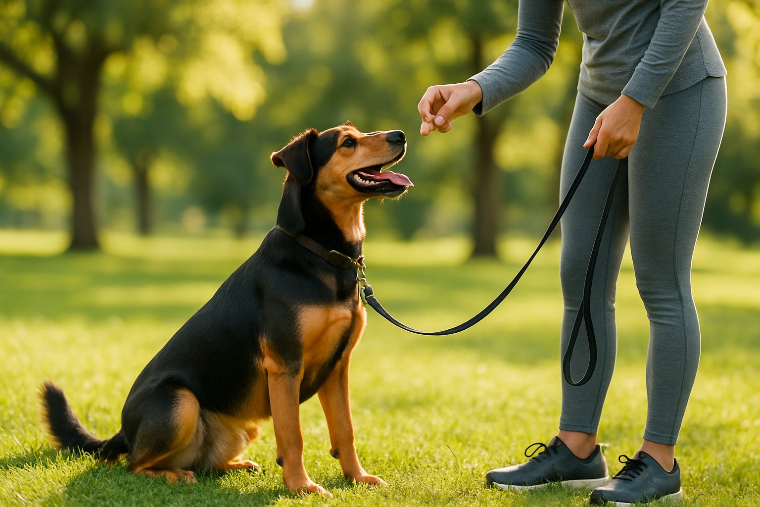 A healthy adult dog outdoors with a person offering a treat in a sunny park.