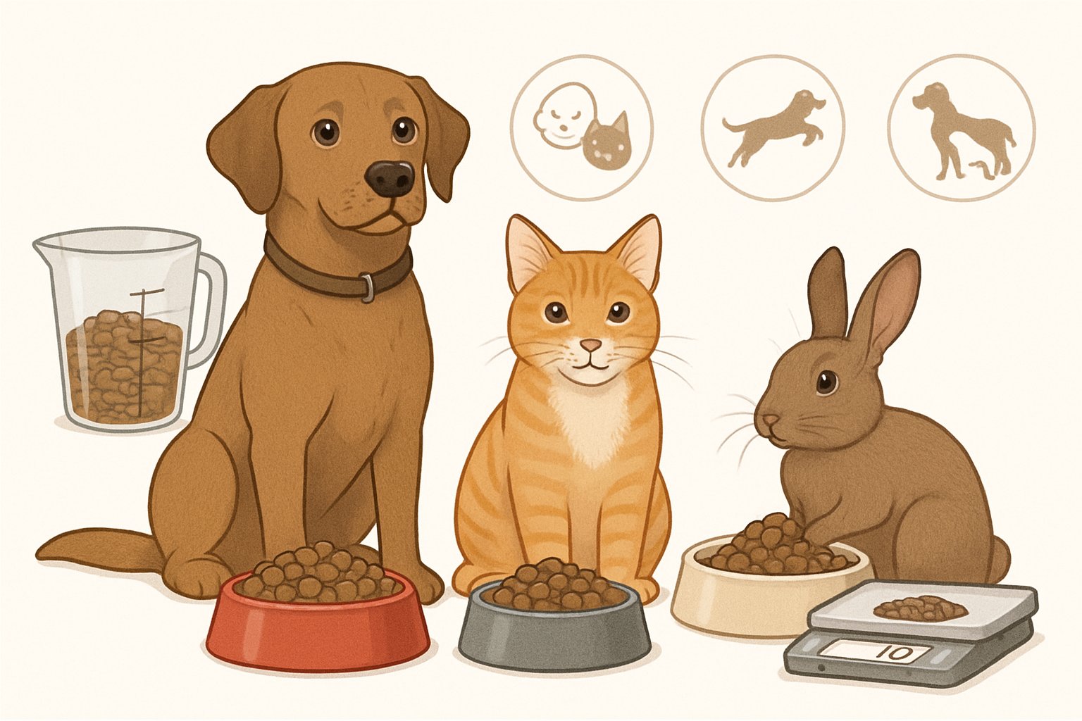 A dog, cat, and rabbit near separate food bowls with measured portions, alongside a measuring cup, scale, and icons representing pet age, activity, and breed size.