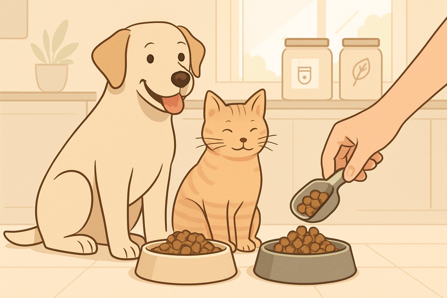 A person feeding a dog and a cat measured portions of food in bowls on a kitchen floor.