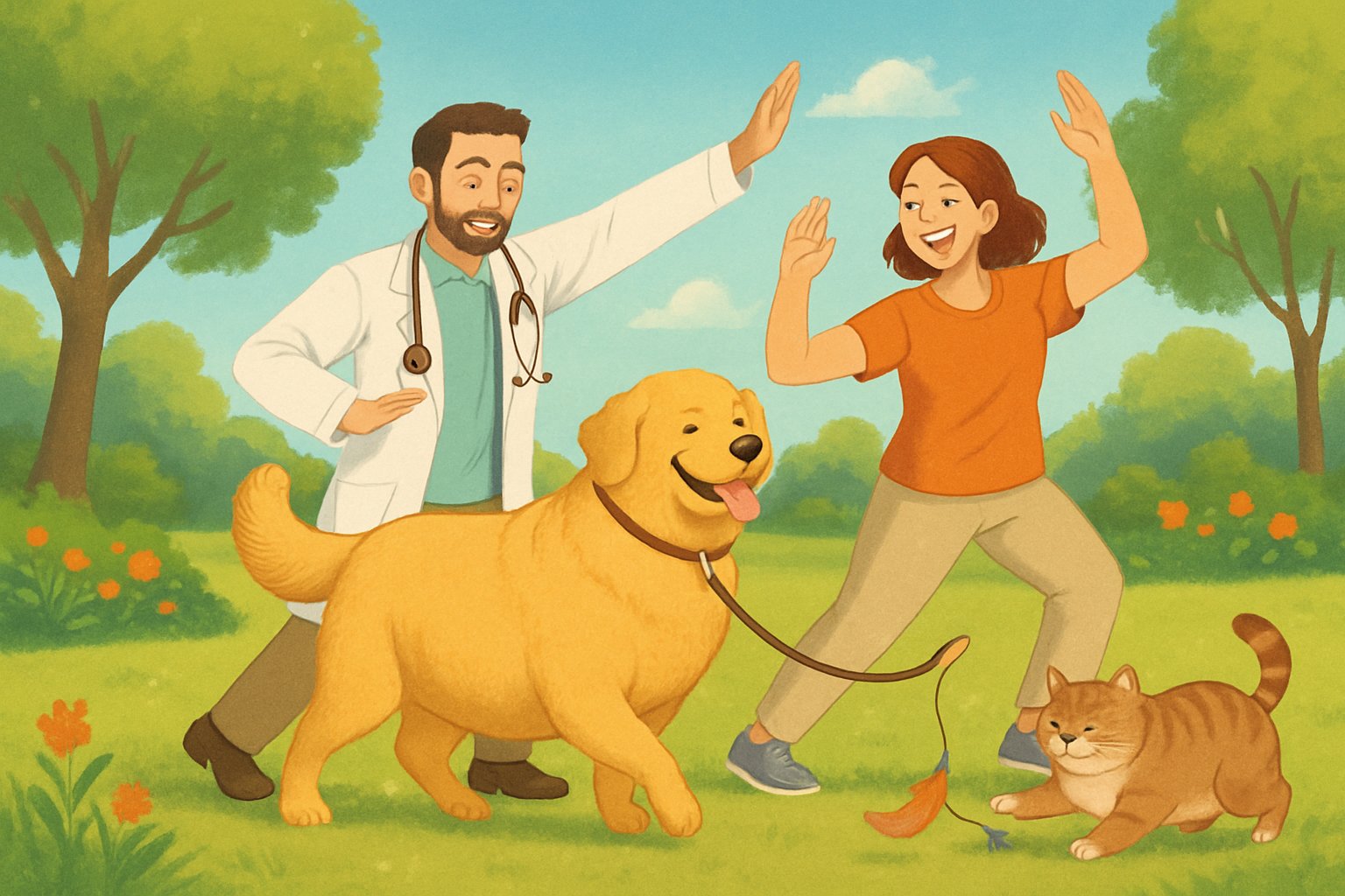 A veterinarian and pet owner exercising with an overweight dog in a park while a cat plays nearby.