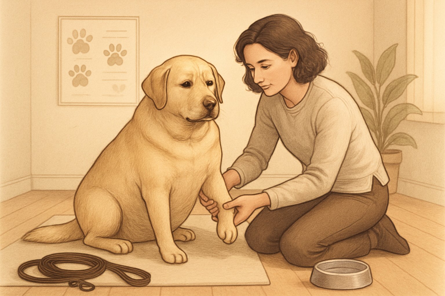 A person gently checking an overweight dog indoors before exercise, with pet care items nearby.