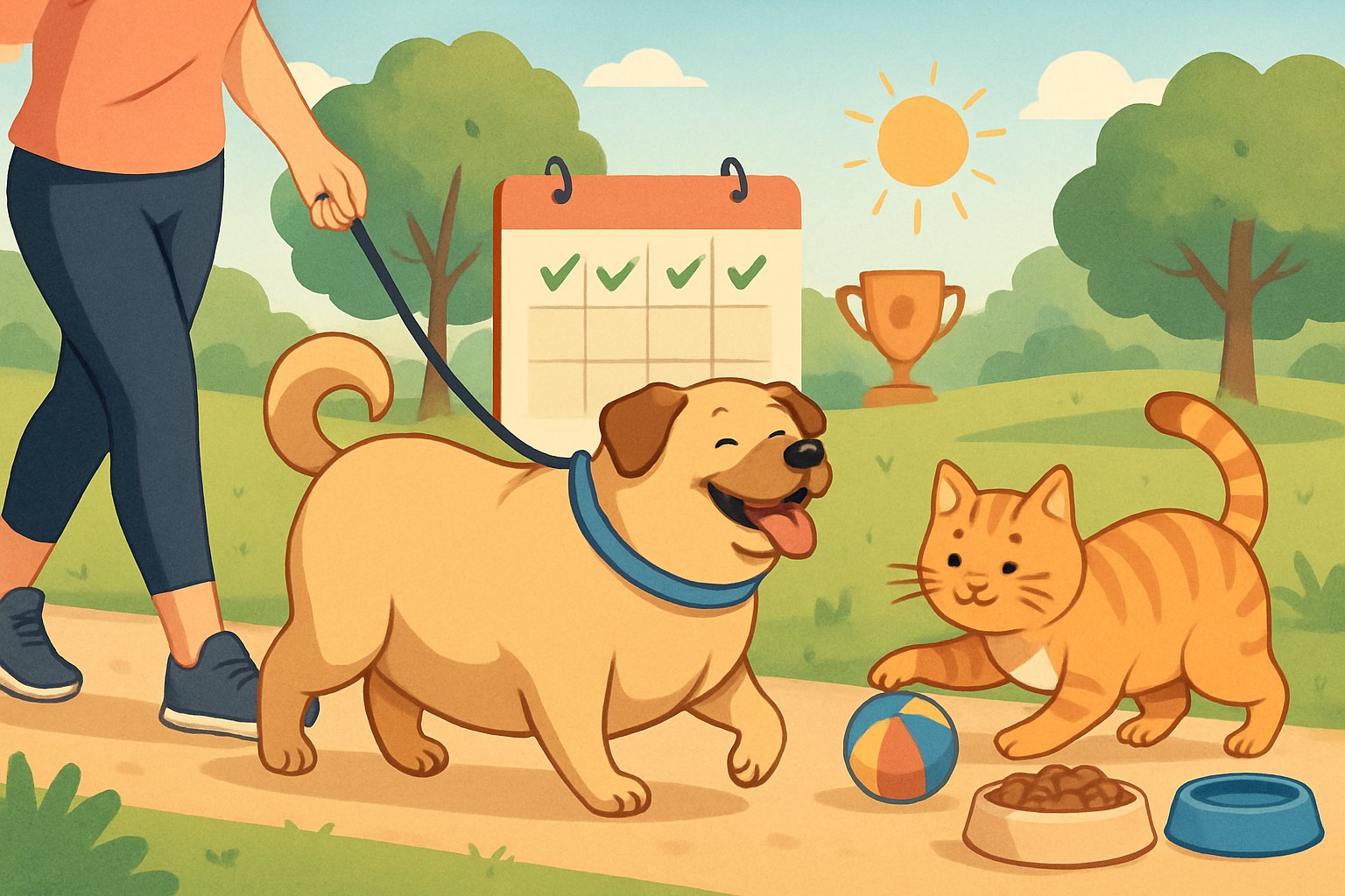 An overweight dog walking on a leash with a person in a park and a cat playing near a bowl of pet food, showing pets engaging in exercise and healthy diet.