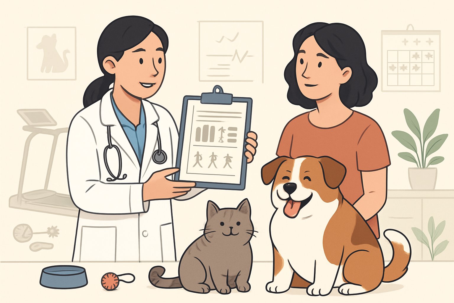 A veterinarian and pet owner talking in a clinic with a happy overweight dog and cat, surrounded by pet exercise equipment and health-related items.