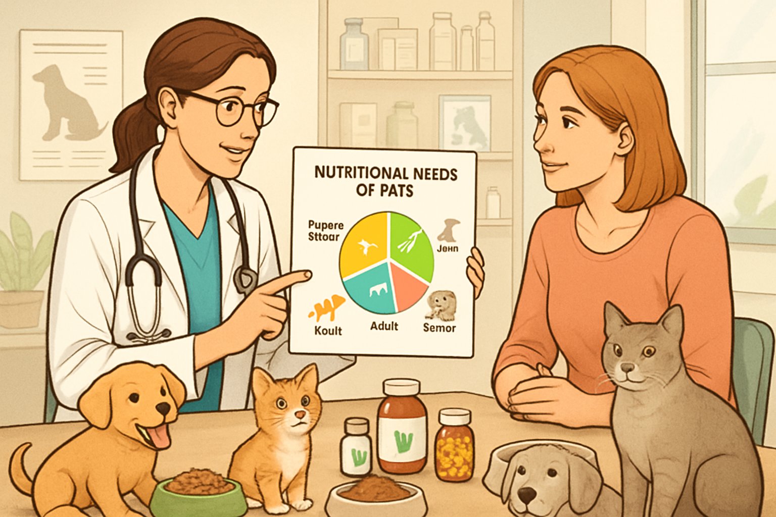 A veterinarian talks with a pet owner in a clinic, showing a chart about pet nutrition while surrounded by dogs and cats of different ages.