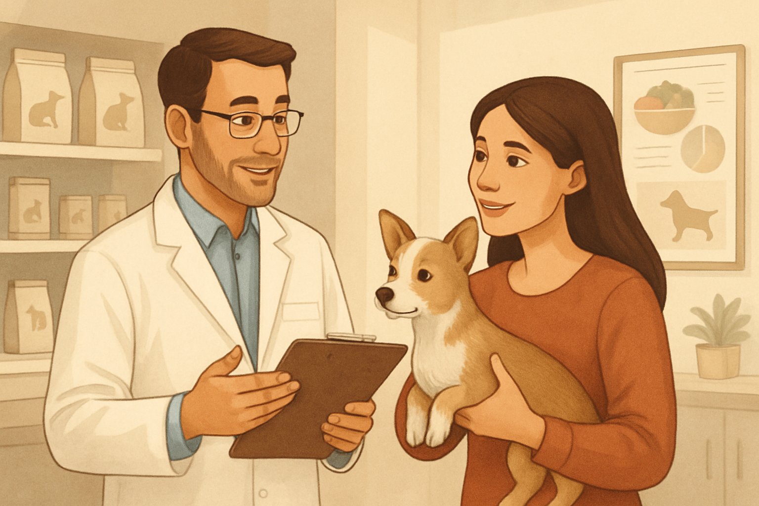 A veterinarian consulting with a pet owner holding a small dog in a veterinary clinic.