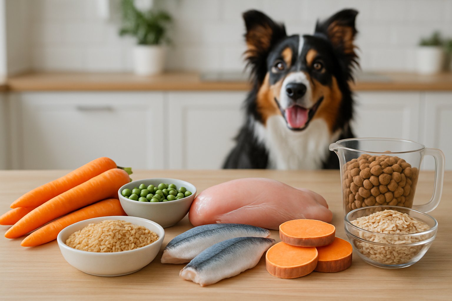 A kitchen countertop with fresh vegetables, raw meats, grains, and dog kibble arranged alongside a healthy dog looking at the ingredients.