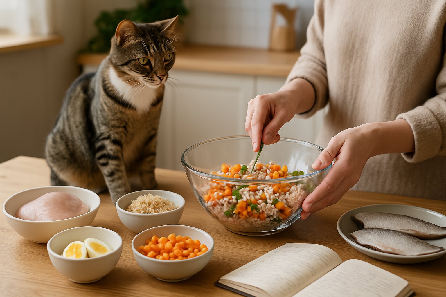 A person preparing homemade cat food with fresh ingredients on a kitchen counter while a cat watches nearby.