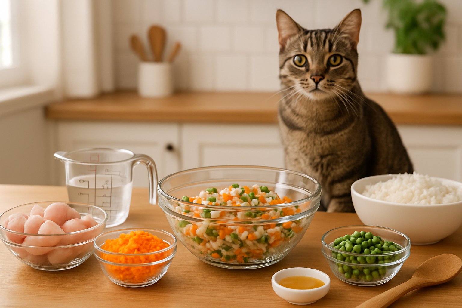 A kitchen countertop with fresh ingredients for homemade cat food and a domestic cat watching nearby.