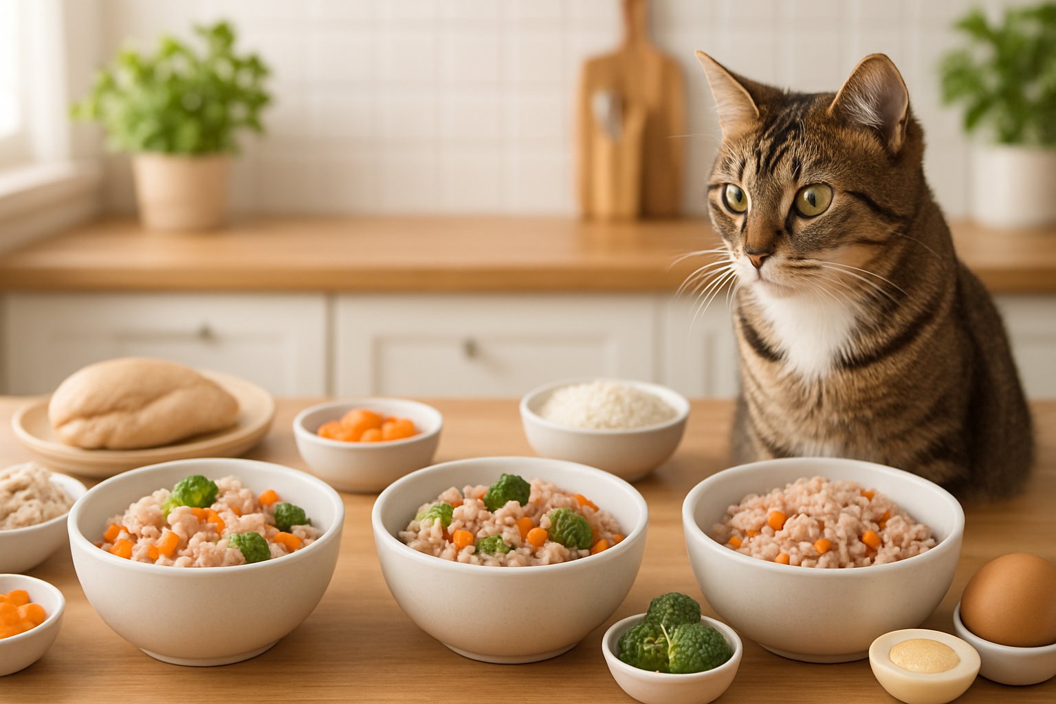 A kitchen countertop with bowls of homemade cat food and fresh ingredients, with a cat sitting nearby looking at the food.