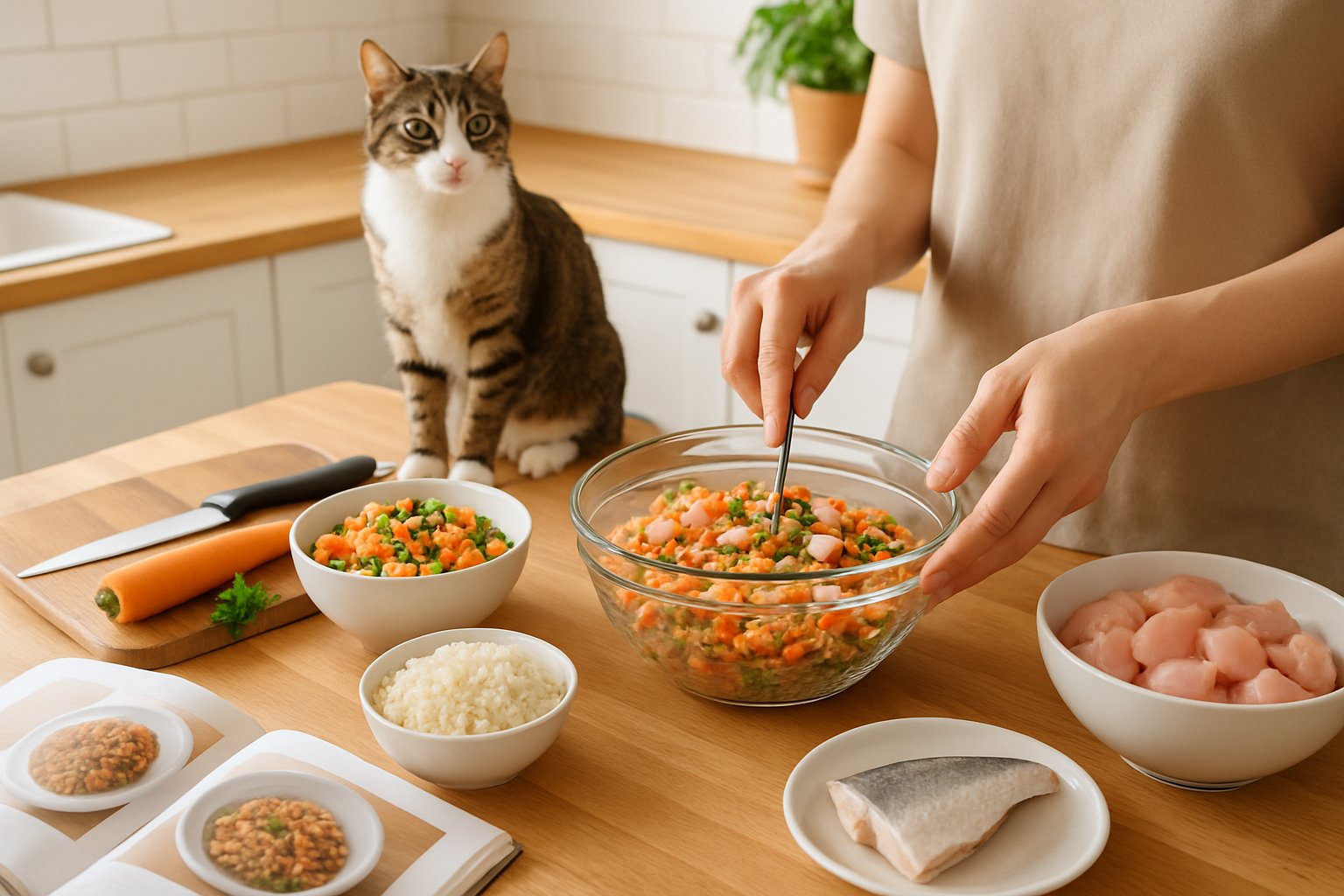 A person preparing homemade cat food in a kitchen with fresh ingredients on the counter and a cat watching nearby.