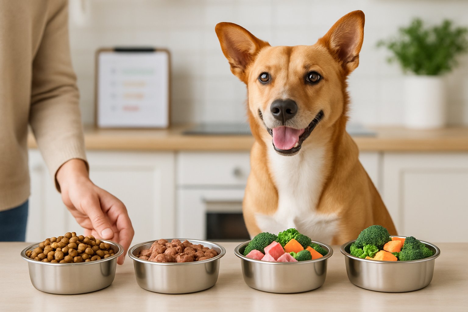 A healthy dog sitting beside bowls of different dog foods in a bright kitchen with a person placing a bowl down.