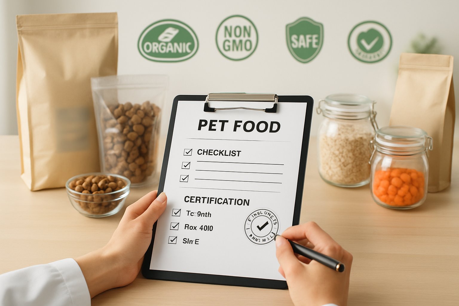 A close-up of hands holding a clipboard with checklists next to various dog food packages and natural ingredients on a clean workspace.