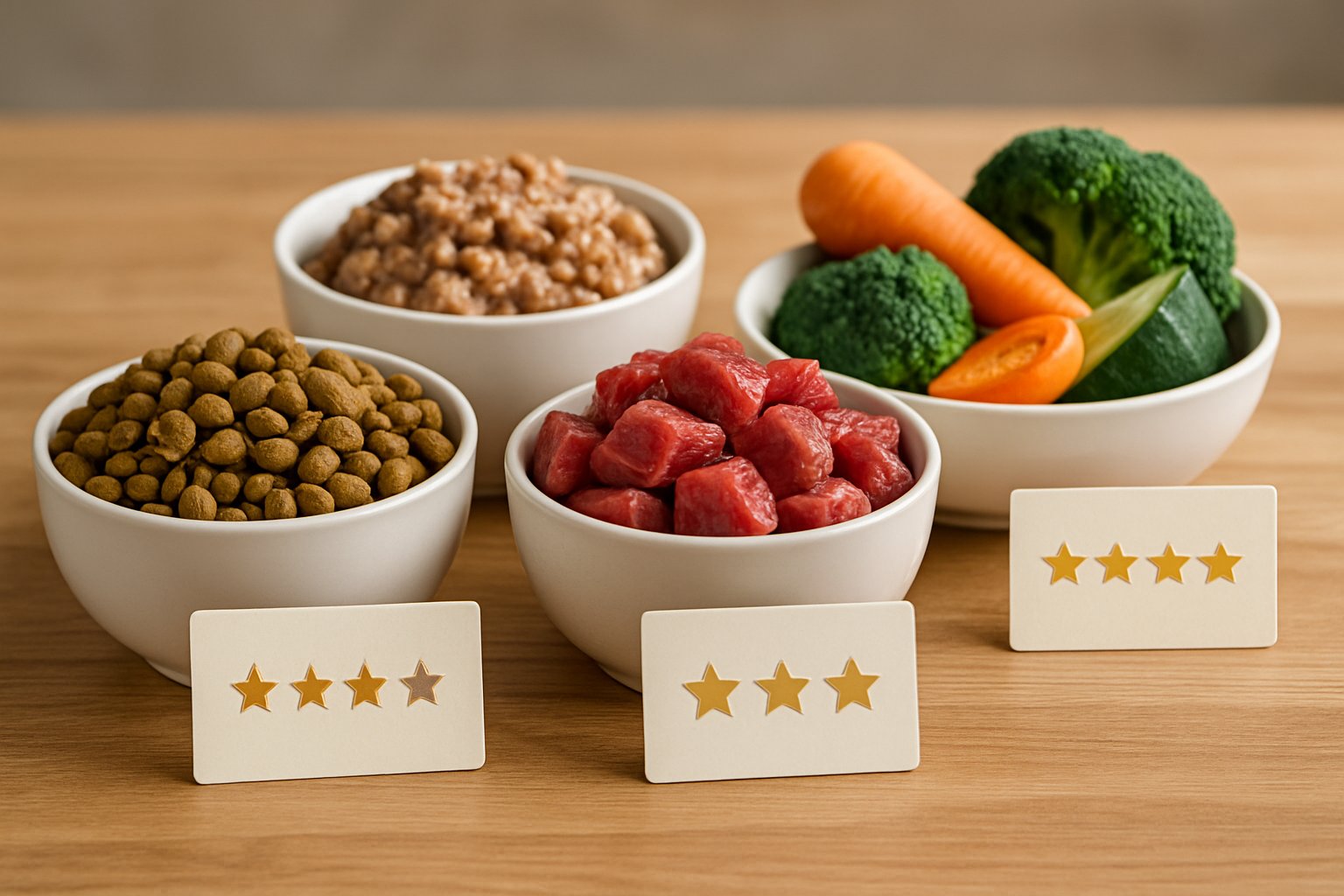 A table displaying different types of dog food in bowls with star rating cards beside them.