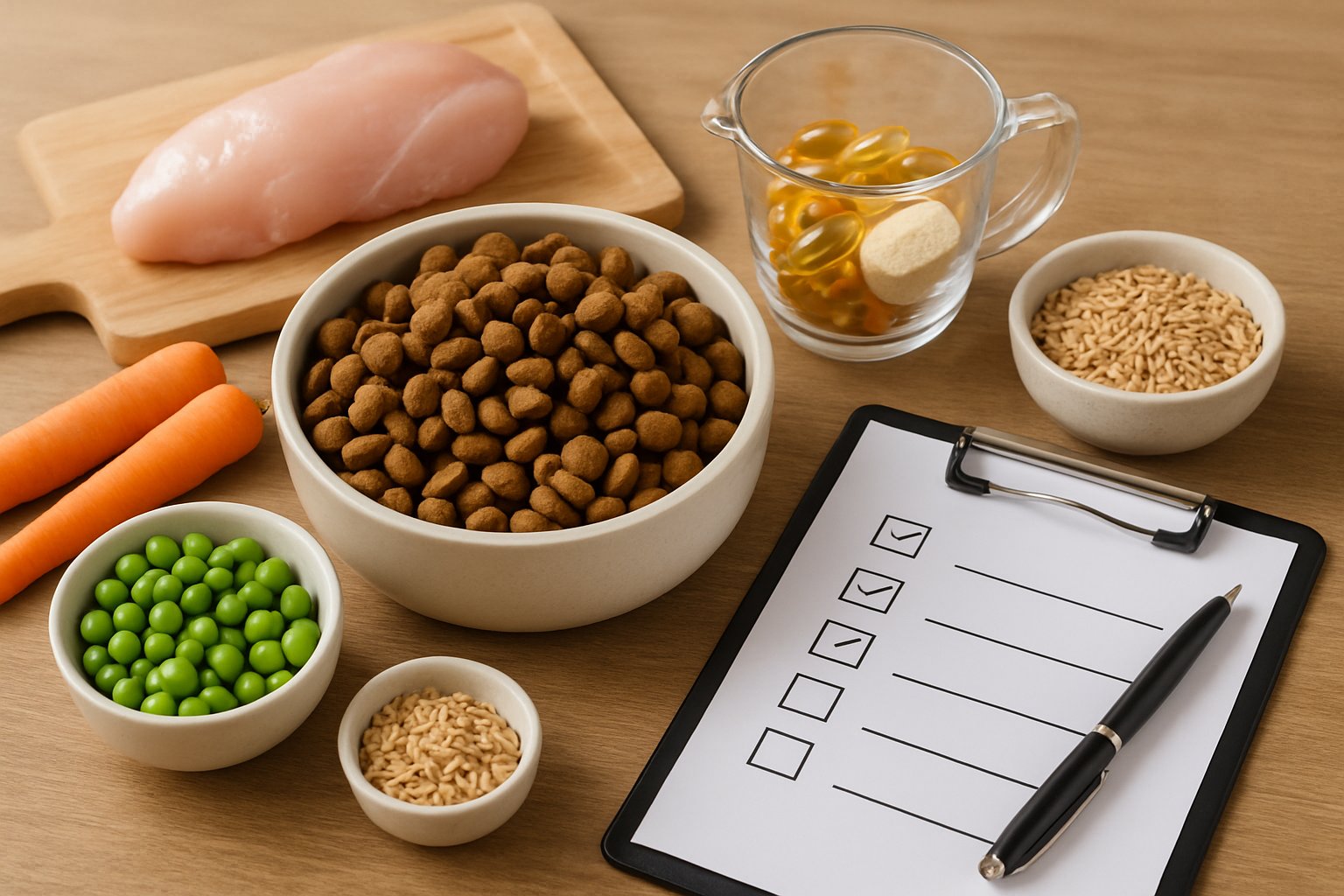 Top-down view of a wooden table with a bowl of dog food surrounded by fresh ingredients, supplements, and a clipboard with a pen.