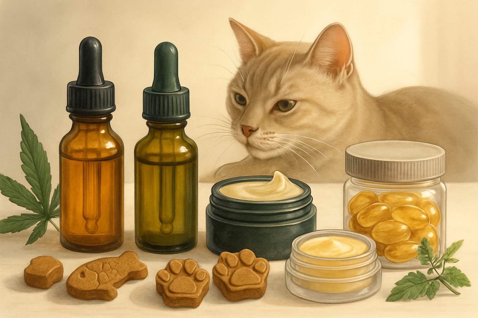 Various cat CBD products including oil bottles, treats, balms, and capsules displayed with a relaxed cat nearby.
