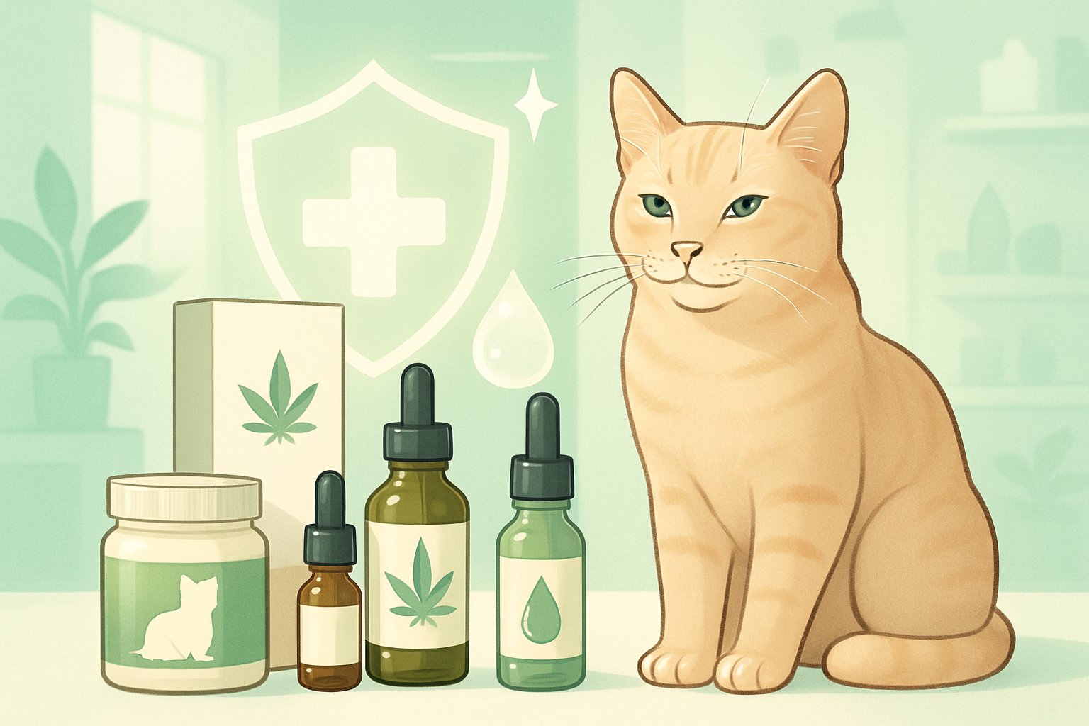 A calm cat sitting next to various cat CBD products in a clean, bright pet wellness store with symbols representing safety and purity.