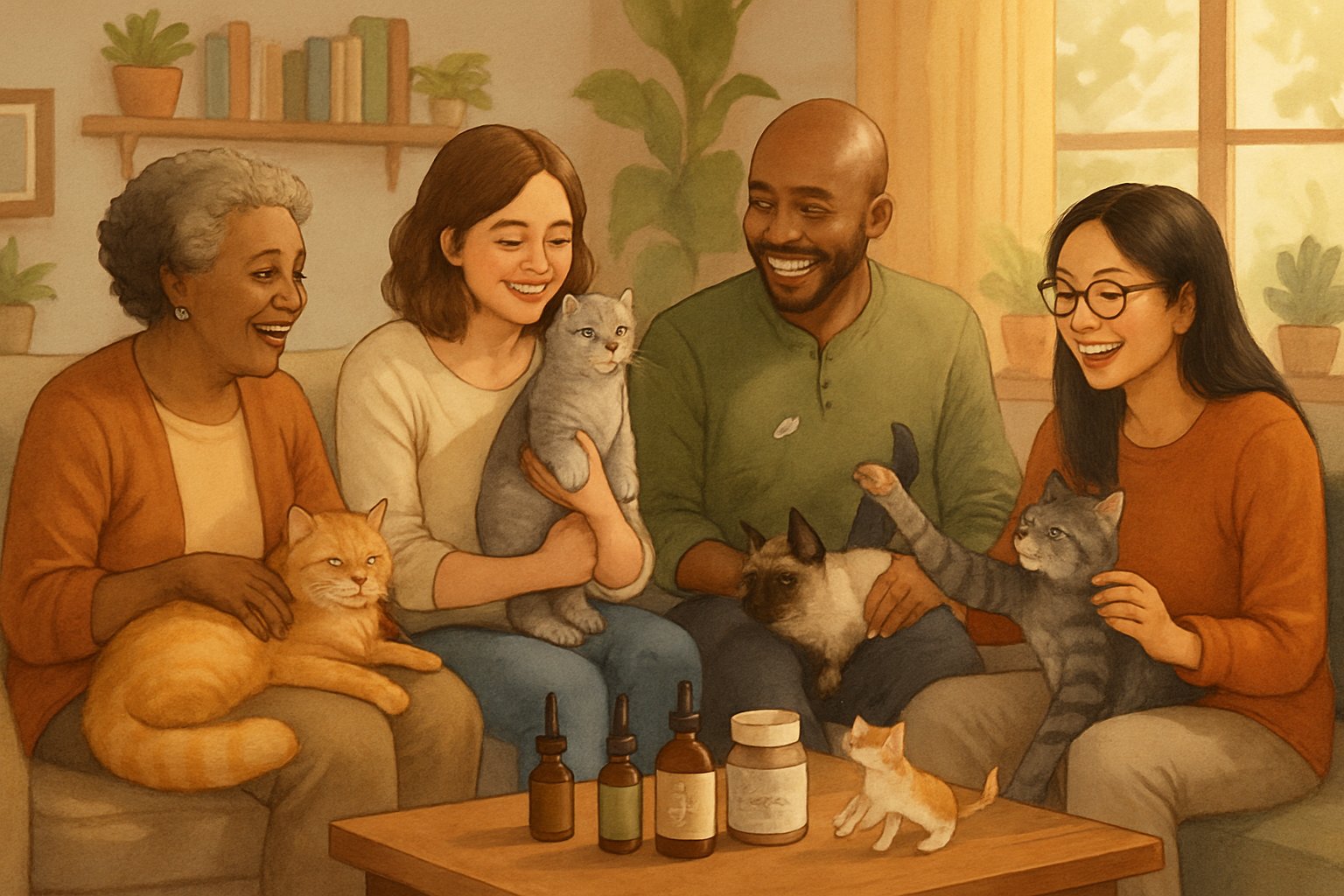 A group of people with their cats in a cozy living room, with bottles of cat wellness products on a table nearby.