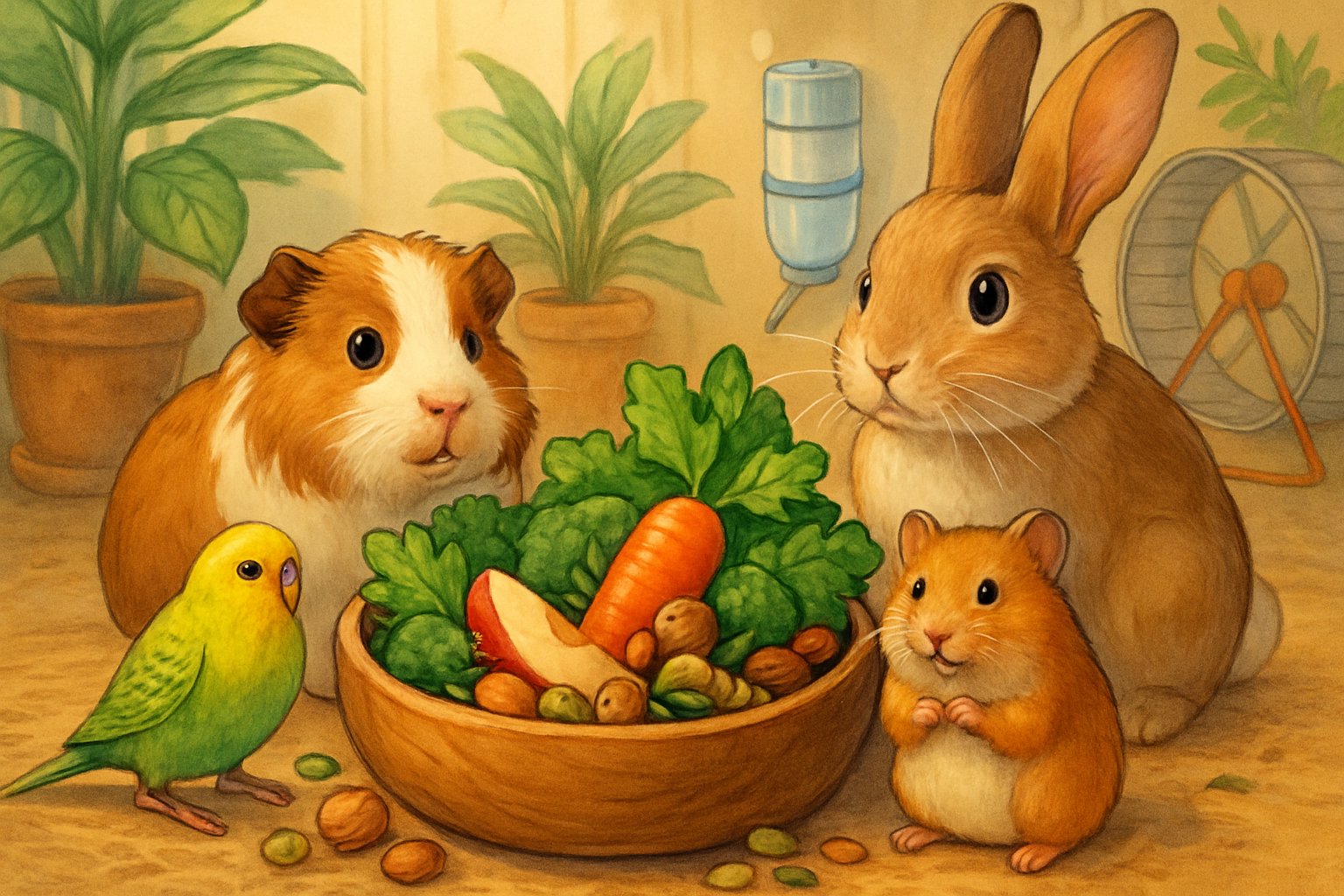 Small pets including a hamster, guinea pig, rabbit, and bird gathered around a bowl of fresh vegetables, nuts, and seeds in a cozy indoor setting.
