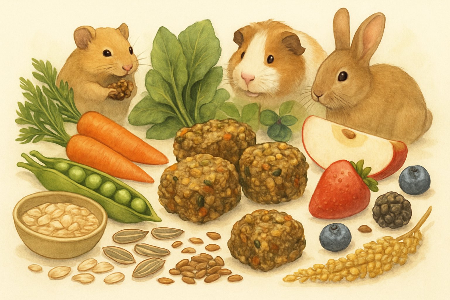 An assortment of fresh vegetables, fruits, seeds, and grains arranged around small pet treats, with small pets like hamsters and rabbits nearby.