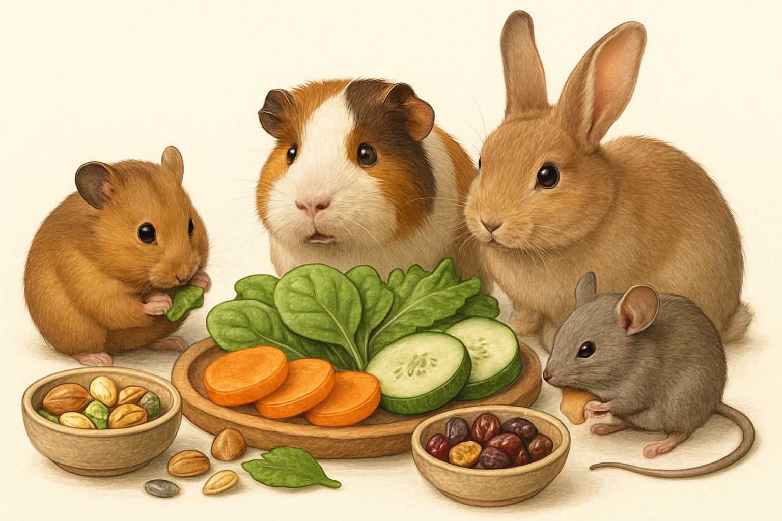 Small pets like hamsters, guinea pigs, rabbits, and mice eating and surrounded by a variety of healthy treats including fresh vegetables, nuts, seeds, and dried fruit arranged on a wooden platter.