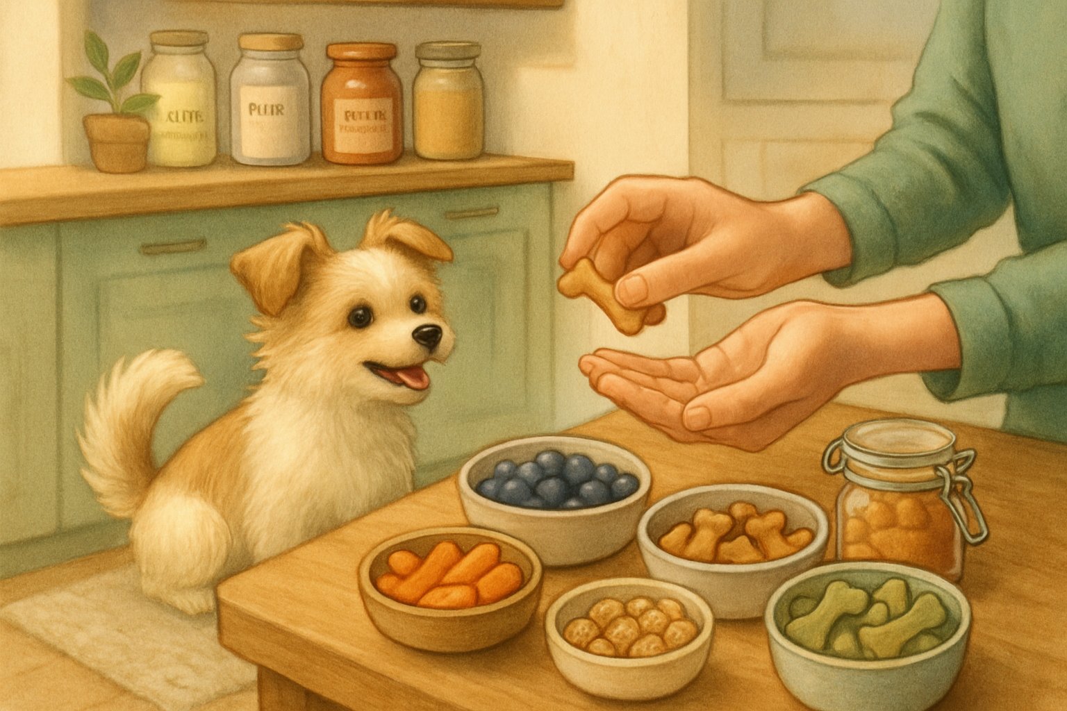 A small dog sitting by a table with bowls of healthy treats while a person offers it a treat in a cozy kitchen.