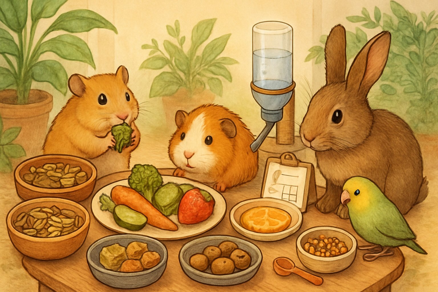 A small hamster, guinea pig, rabbit, and bird around a table with healthy treats like vegetables and seeds, with feeding accessories nearby in a cozy indoor setting.