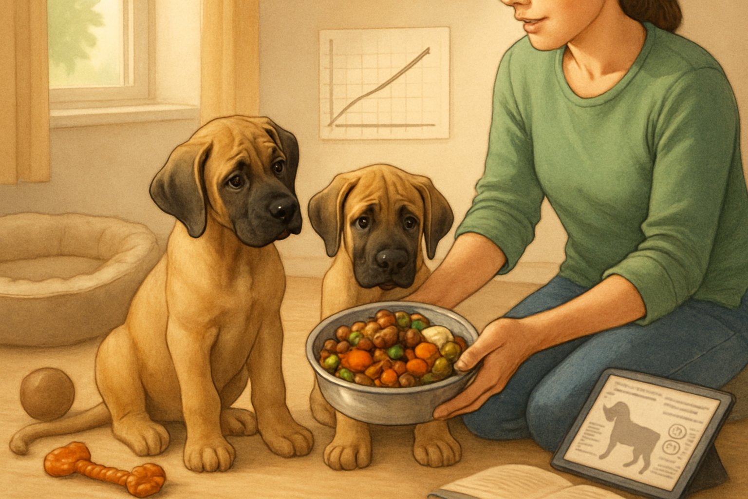 Two large breed puppies being fed nutritious food by a caring adult in a cozy indoor setting with a growth chart and dog toys nearby.