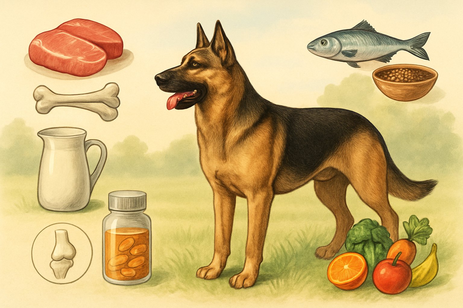 A large healthy dog standing outdoors surrounded by illustrations of protein, calcium, omega-3 sources, vitamins, and joint supplements.