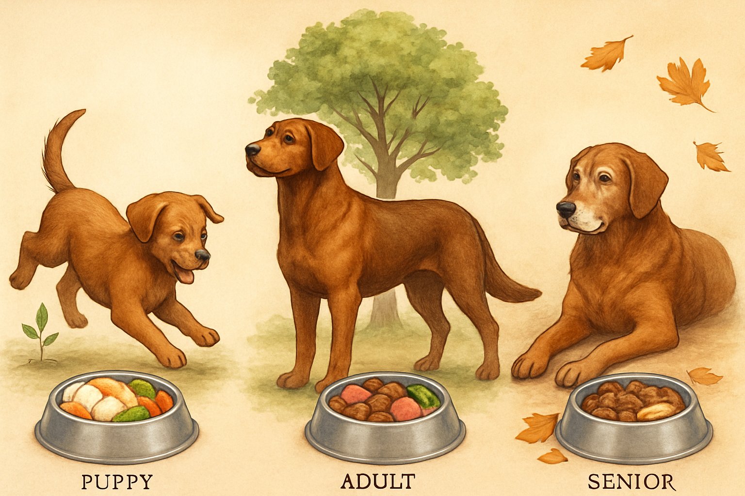 Three large breed dogs representing puppy, adult, and senior life stages, each with a bowl of food suited to their nutritional needs.