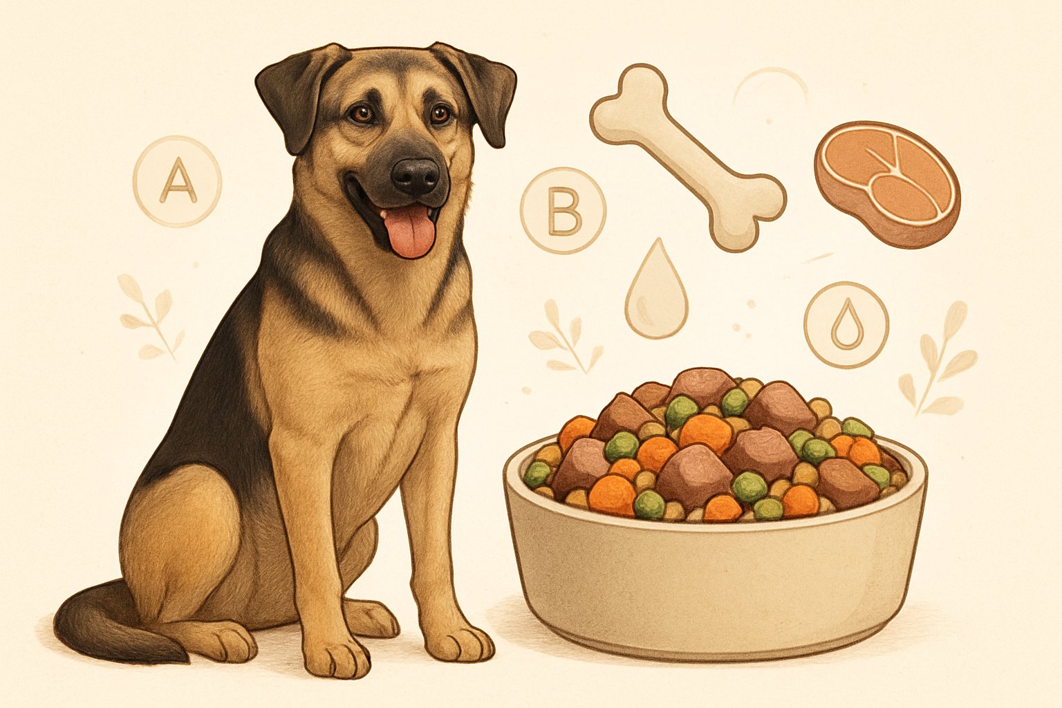 A large breed dog sitting next to a bowl of nutritious dog food with small icons representing vitamins and health around them.