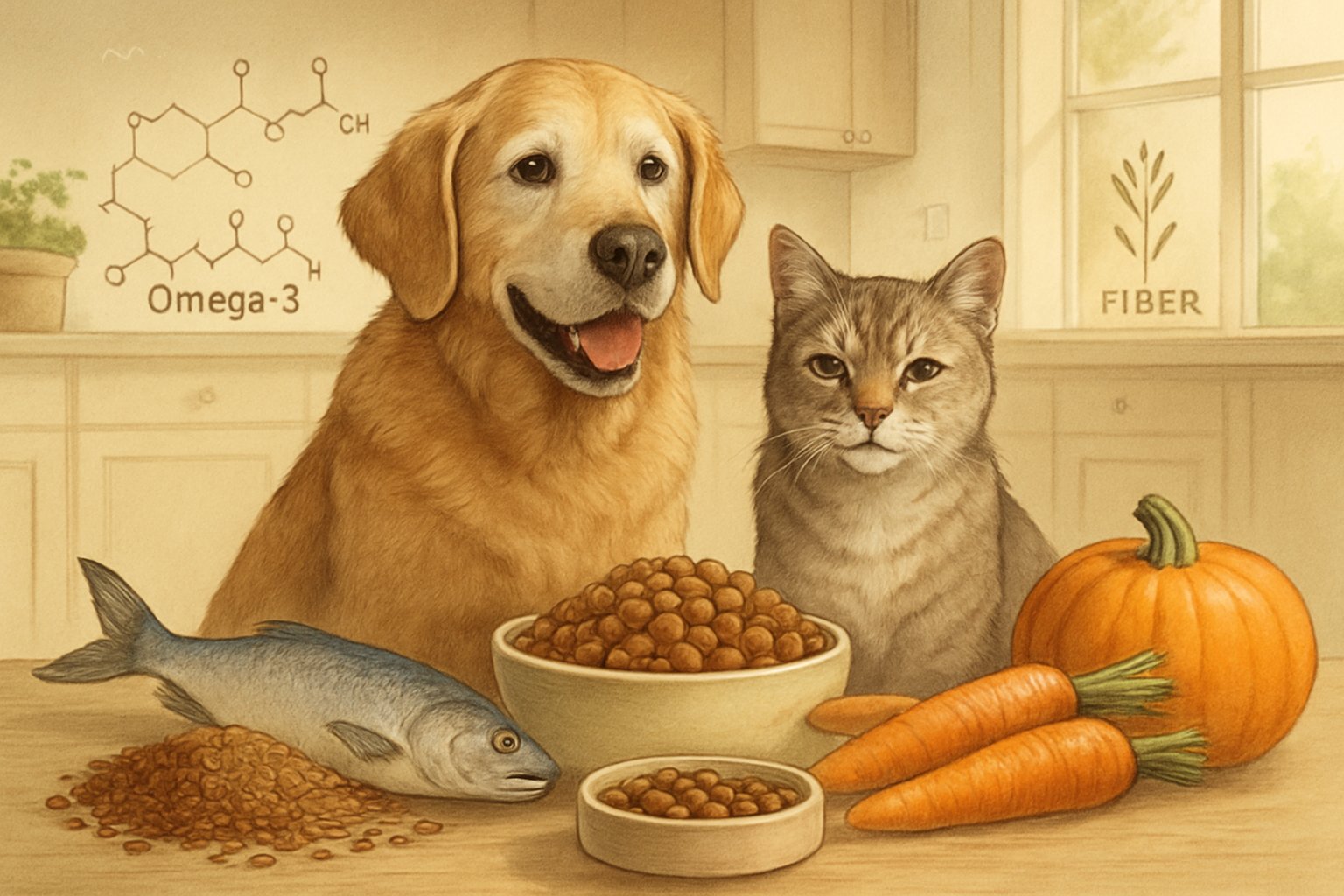A senior dog and cat sitting peacefully with bowls of healthy food and natural ingredients representing omega-3s and fiber around them.