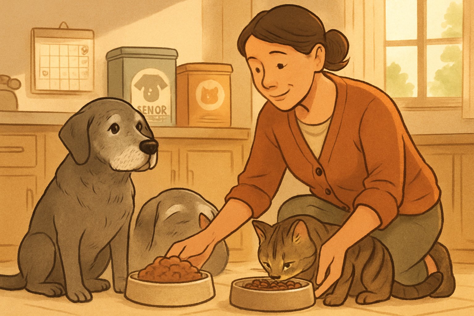 A senior dog and a cat eating from separate bowls in a kitchen while a person gently places the bowls on the floor.