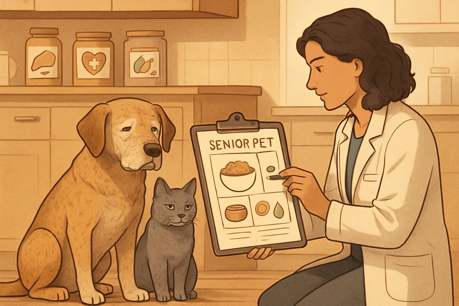 A veterinarian adjusting a meal plan for a senior dog and cat in a cozy kitchen with pet food containers nearby.