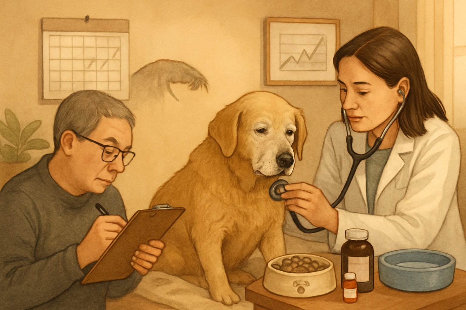 A senior dog being examined by a veterinarian while the owner takes notes, with pet food and health monitoring items nearby.