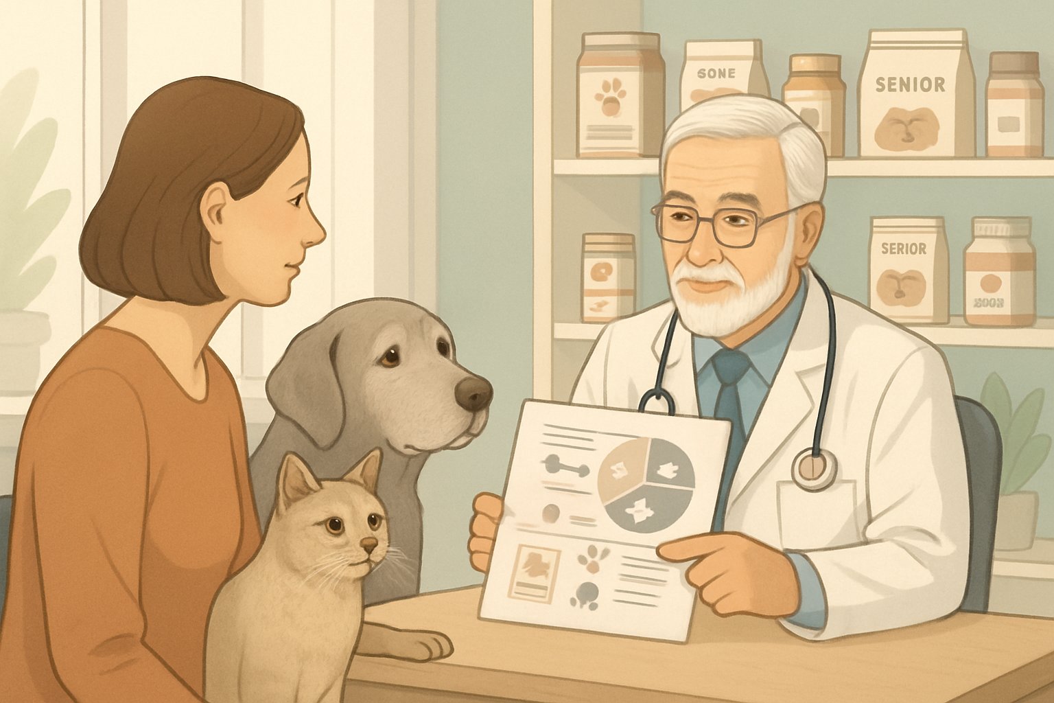 A veterinarian consulting with a pet owner about the dietary needs of their senior dog and cat in a veterinary clinic.