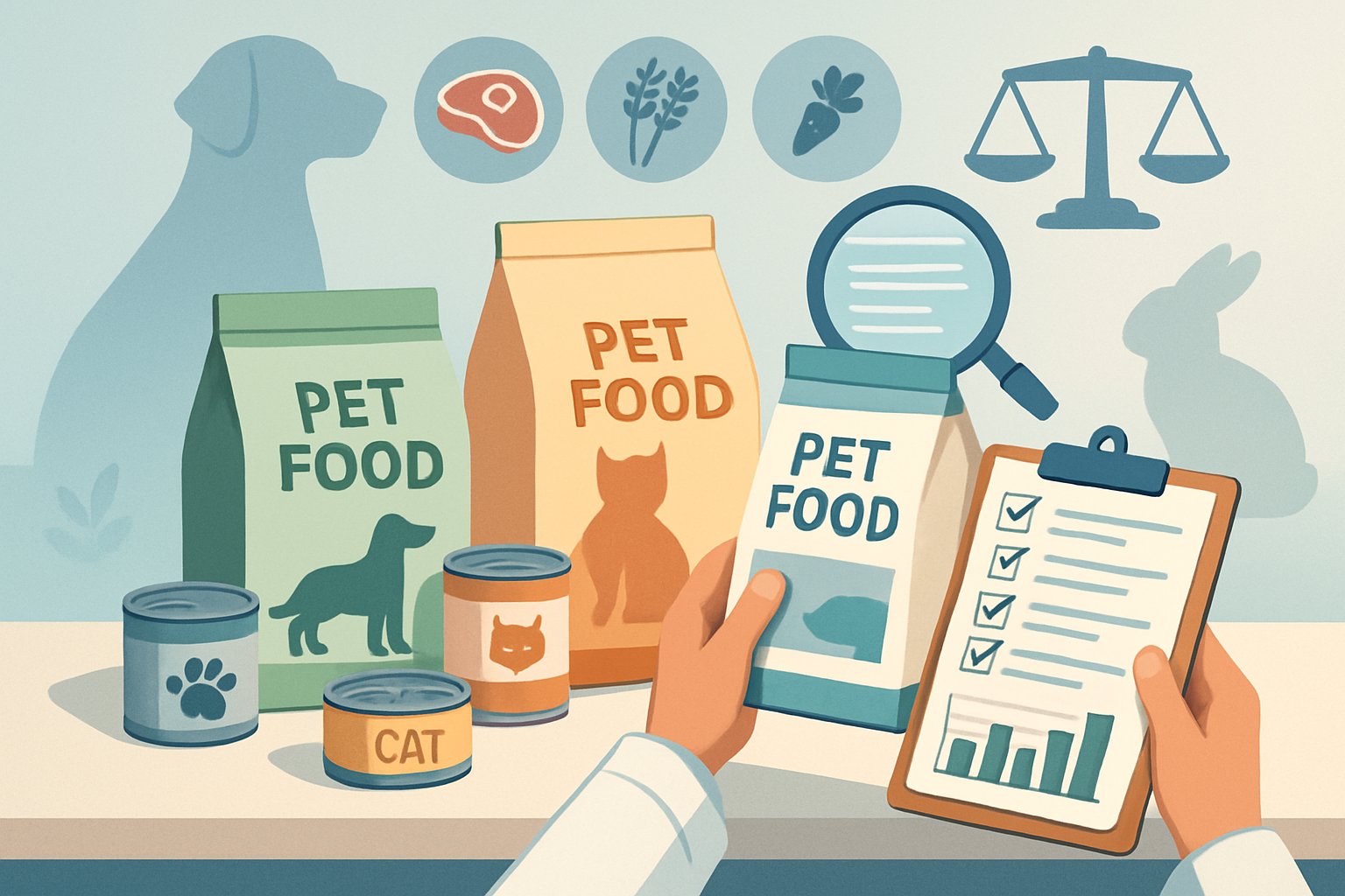 A person in a lab coat examines pet food packages on a table with charts and checklists, surrounded by icons representing ingredients and pets.