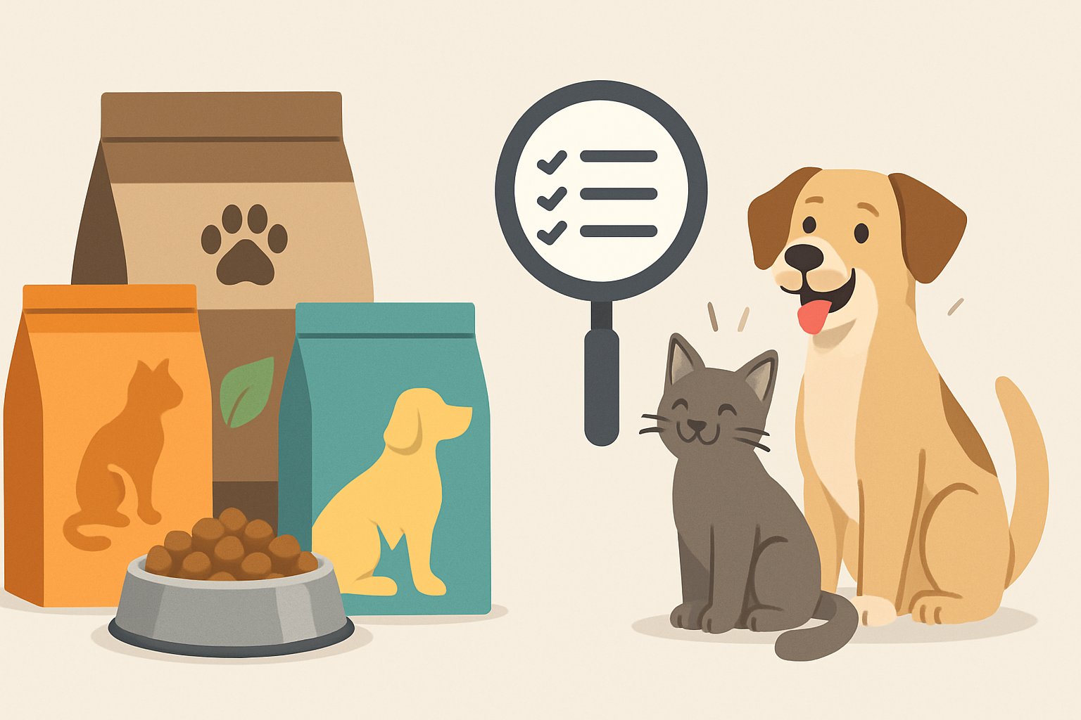A split scene showing pet food packages on one side and healthy, happy pets on the other, with a magnifying glass symbolizing review and comparison.