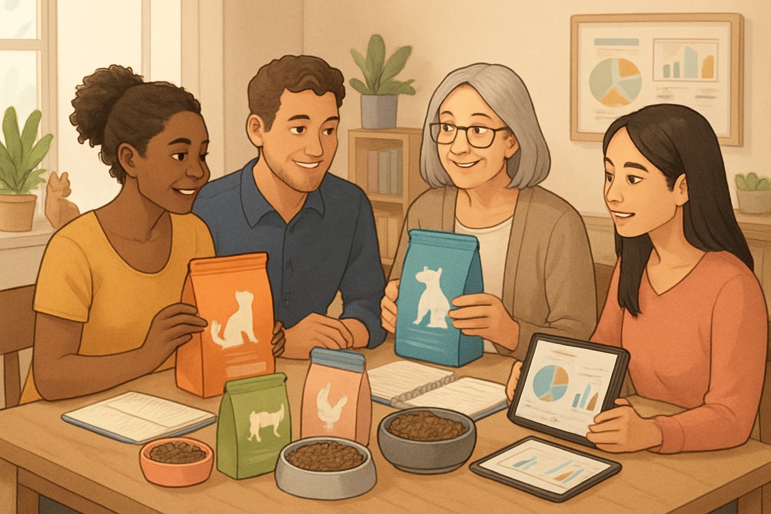 A group of pet owners gathered around a table reviewing pet food products while their dog and cat play nearby.