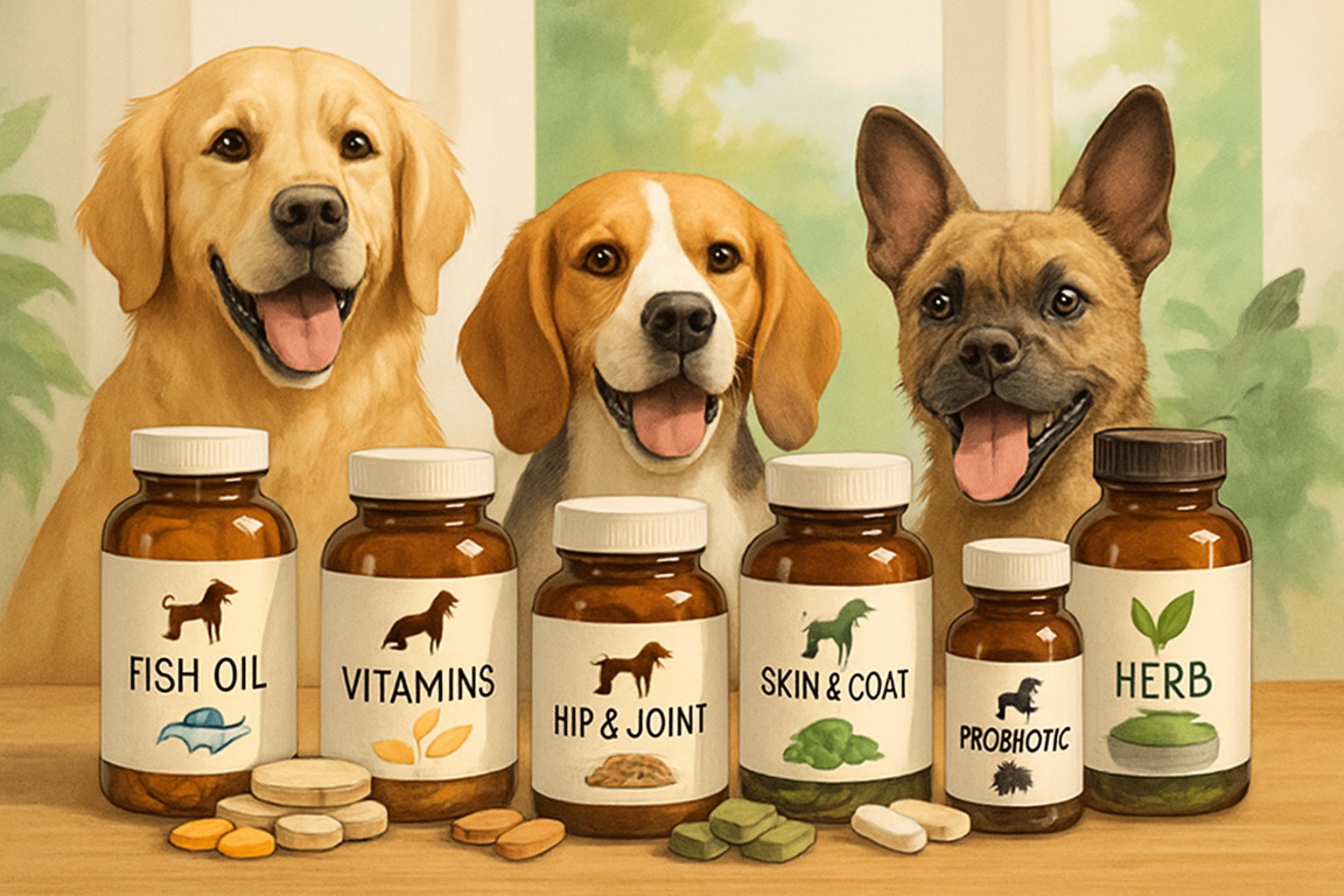 A group of healthy dogs sitting near various bottles and jars of dog supplements arranged on a wooden table.