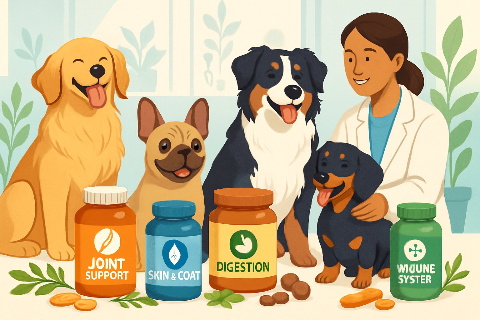 A group of healthy dogs with supplement bottles and natural ingredients around them, with a pet care specialist interacting with one dog.