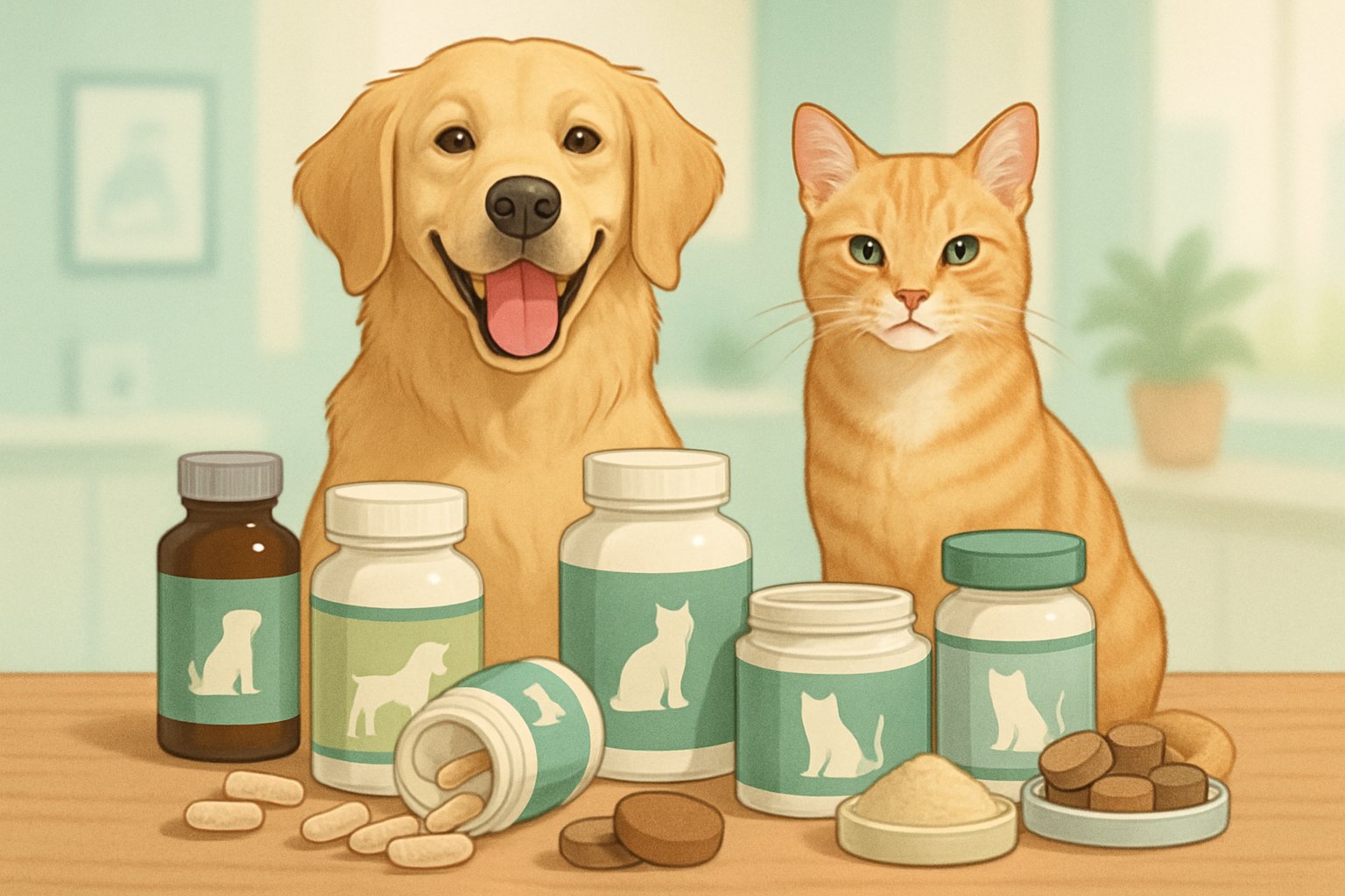 A dog and a cat sitting near various pet supplement bottles and tablets arranged on a table in a home setting.