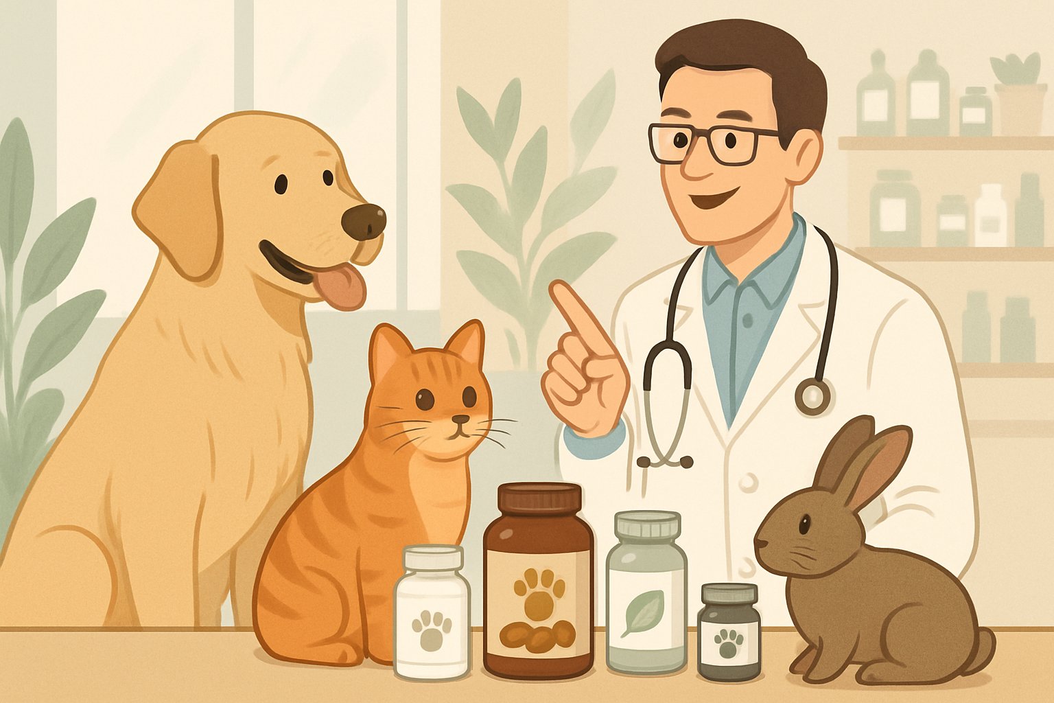 A dog, cat, and rabbit gathered around a table with pet supplements while a veterinarian explains their benefits in a bright clinic.