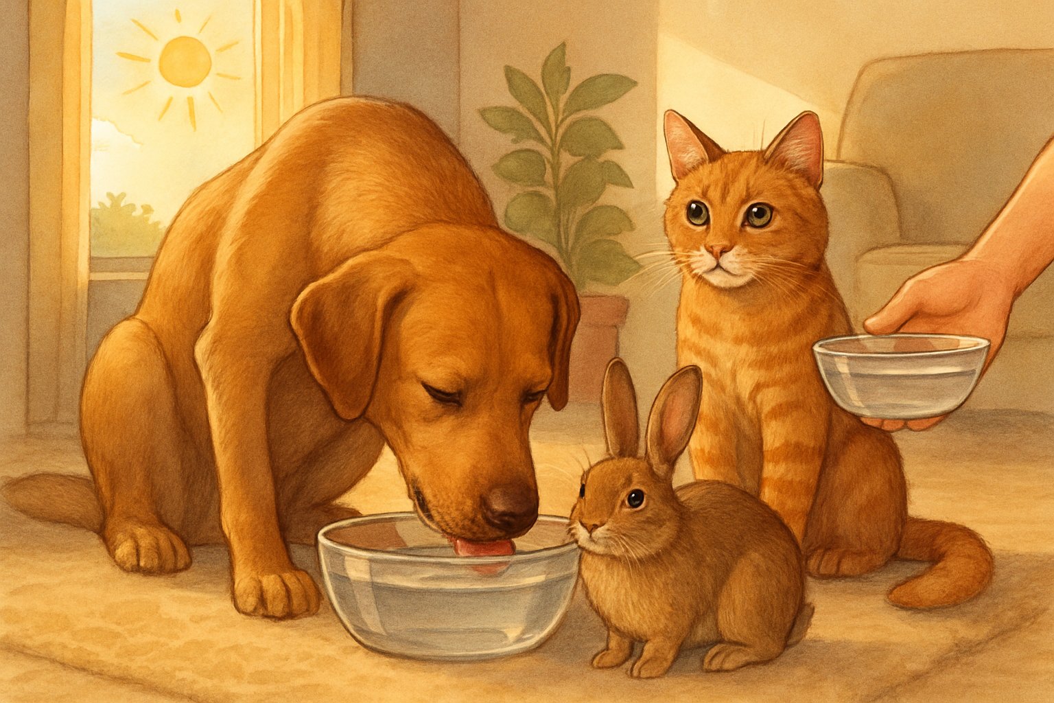 A dog drinking water from a bowl with a cat and rabbit nearby in a home setting, showing pets staying hydrated.
