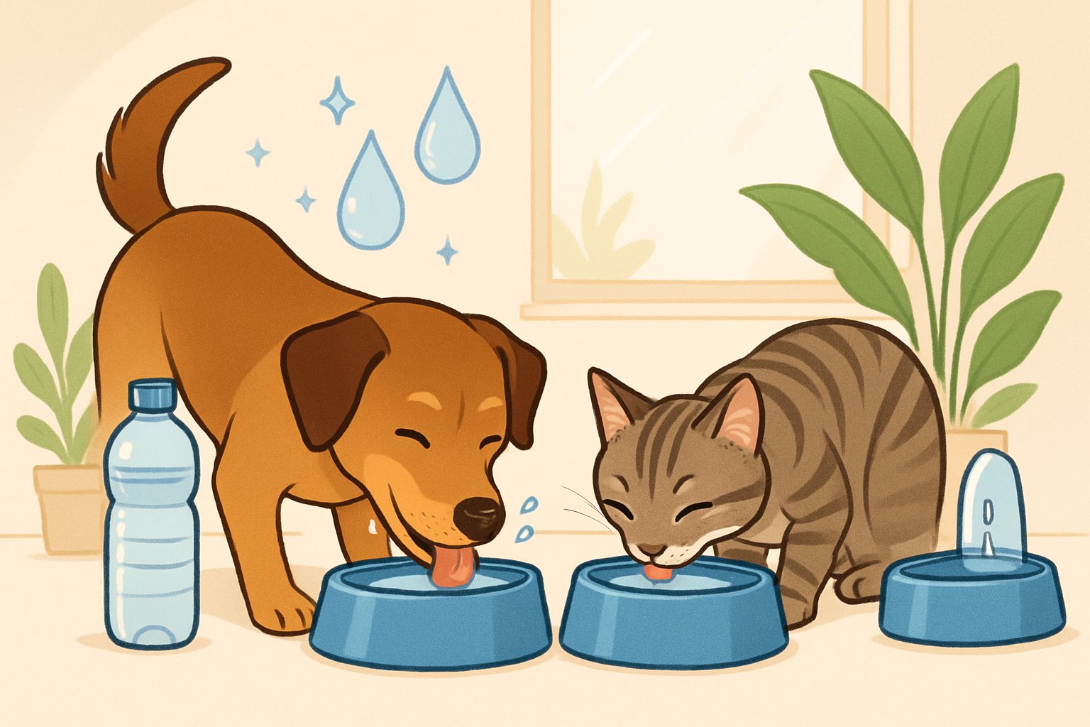 A dog and a cat drinking water from separate bowls in a bright room with natural light and plants nearby.