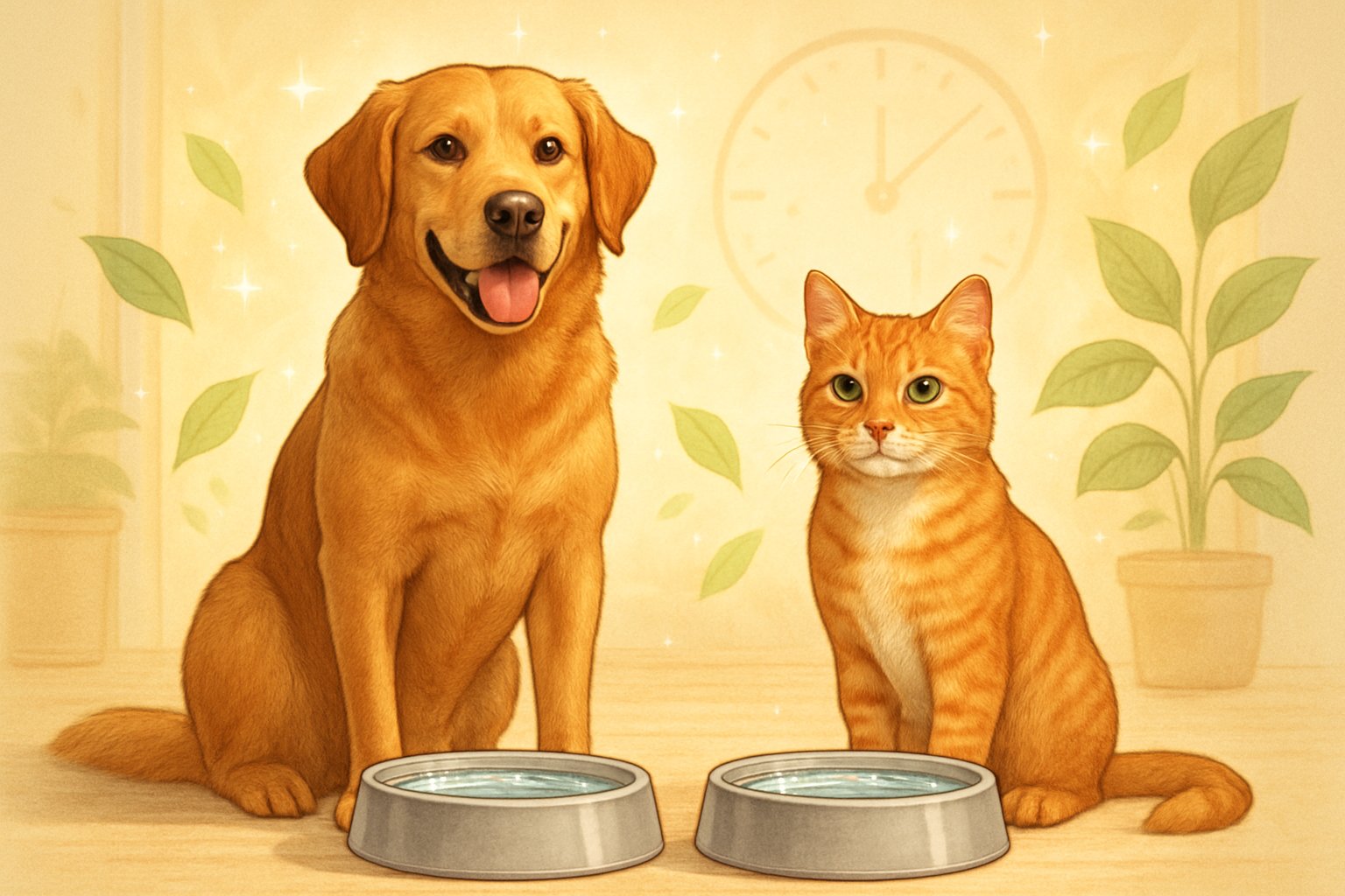 A healthy dog and cat sitting together with water bowls in a bright home, surrounded by symbols of health and time.